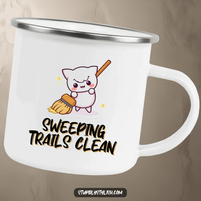 Funny camping mug depicting a mischievous broom sweeping itself away, perfect for outdoor enthusiasts who appreciate humor.