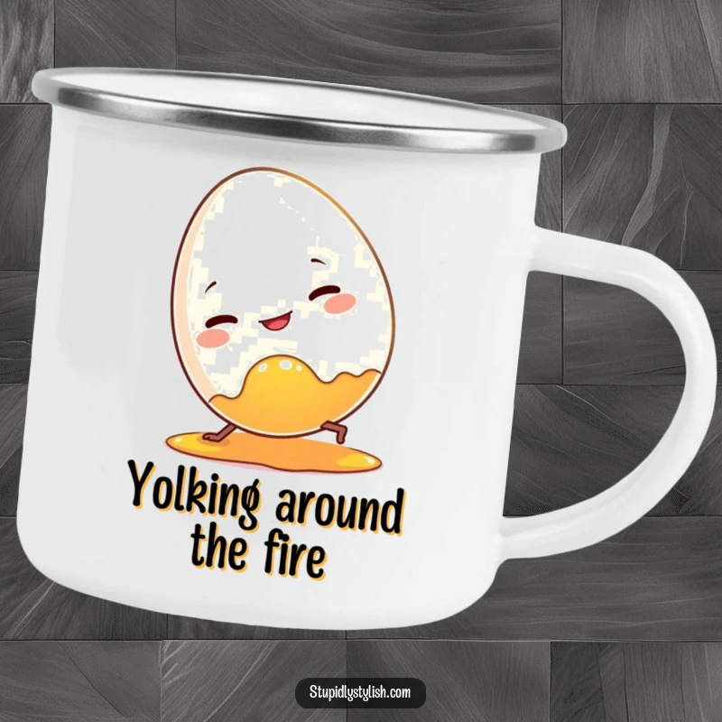 Funny camping mug with a clumsy egg character tripping over its yolk. For the adventurer who embraces mishaps.