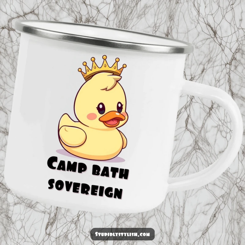 Funny Camping Mug: A rubber duck wearing a tiny crown, looking surprised, for outdoor royal treks.