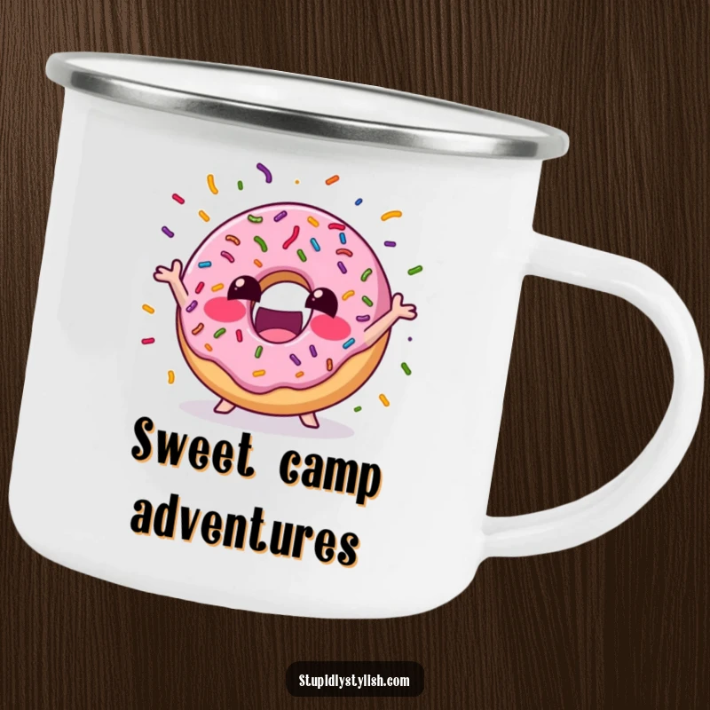 Funny Camping Mug depicting an excited donut juggling colorful sprinkles, ideal for outdoor lovers who appreciate durable drinkware with a sweet, humorous twist.