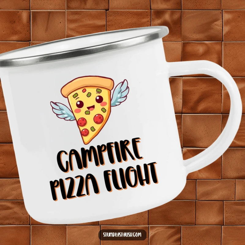 Funny Camping Mug: A pizza slice with tiny wings, flying towards adventure, for outdoor enjoyment.