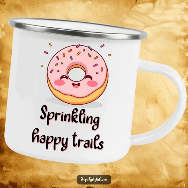 Funny camping mug featuring a giggling donut with sprinkles flying off, perfect for outdoor enjoyment and sweet treat humor.