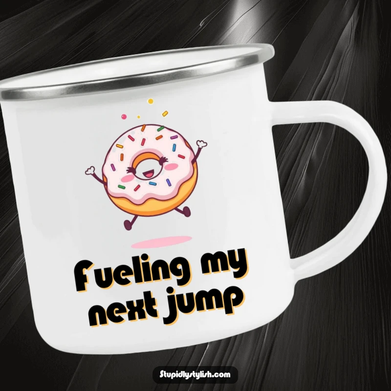 Funny camping mug featuring a jubilant donut with sprinkles leaping joyfully, perfect for outdoor enthusiasts who appreciate humor.