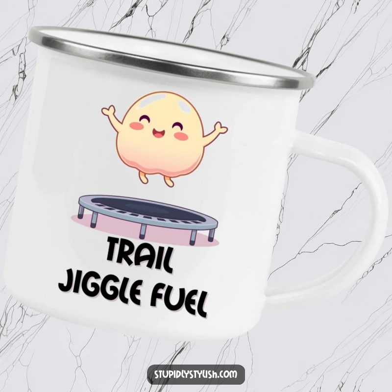 Funny enamel camping mug featuring a delighted jelly blob enthusiastically bouncing on a trampoline, designed for outdoor fun.