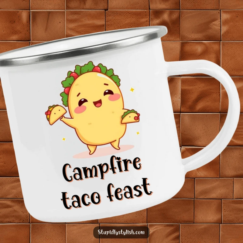 Funny Camping Mug: A taco juggling small tacos, perfect for outdoor family time.