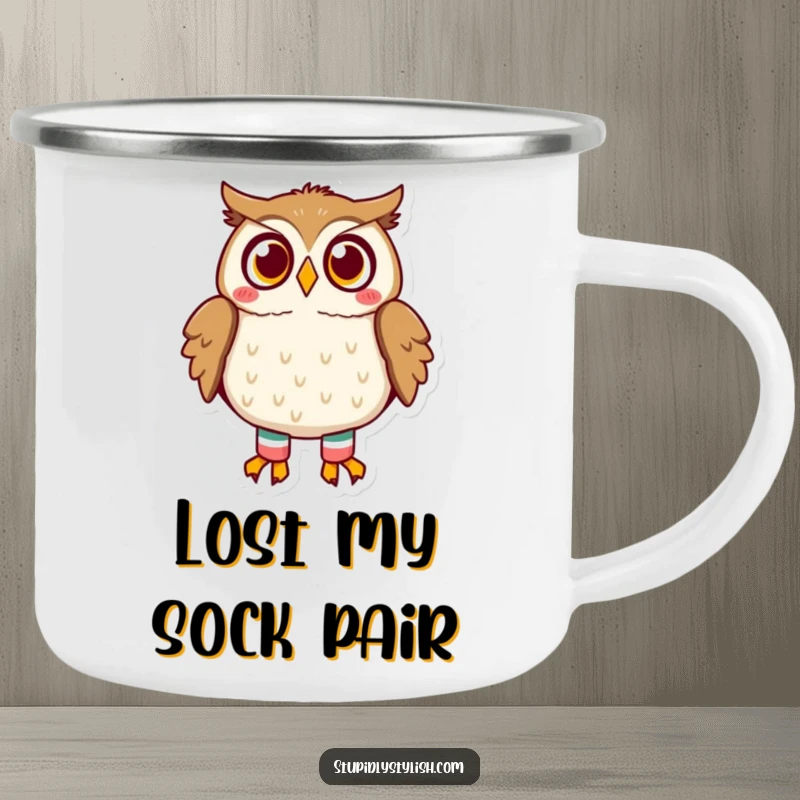 Funny owl camping mug featuring a surprised owl with mismatched socks, ideal for hot beverages during outdoor trips, adding humor to nature.