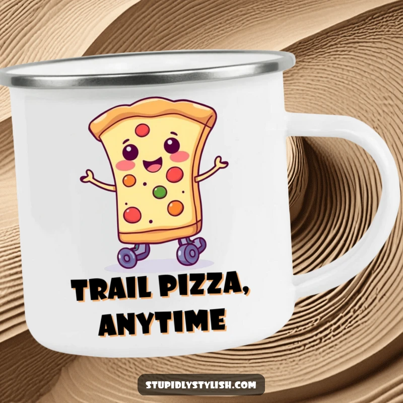 Funny smiling slice of pizza wearing tiny roller skates, a durable and humorous camping mug.