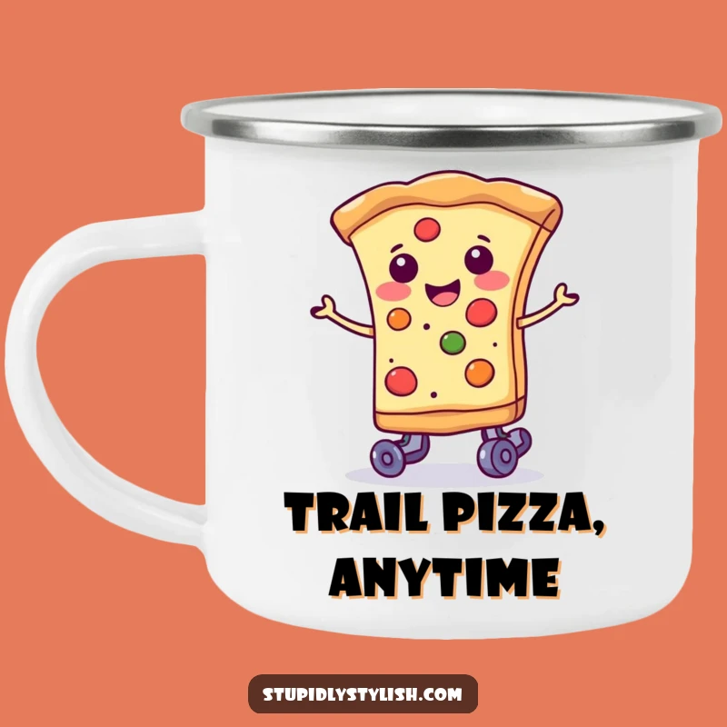 Funny Pizza Roller Skate Camping Mug: Smiling Slice, Durable & Humorous Outdoor Gift
