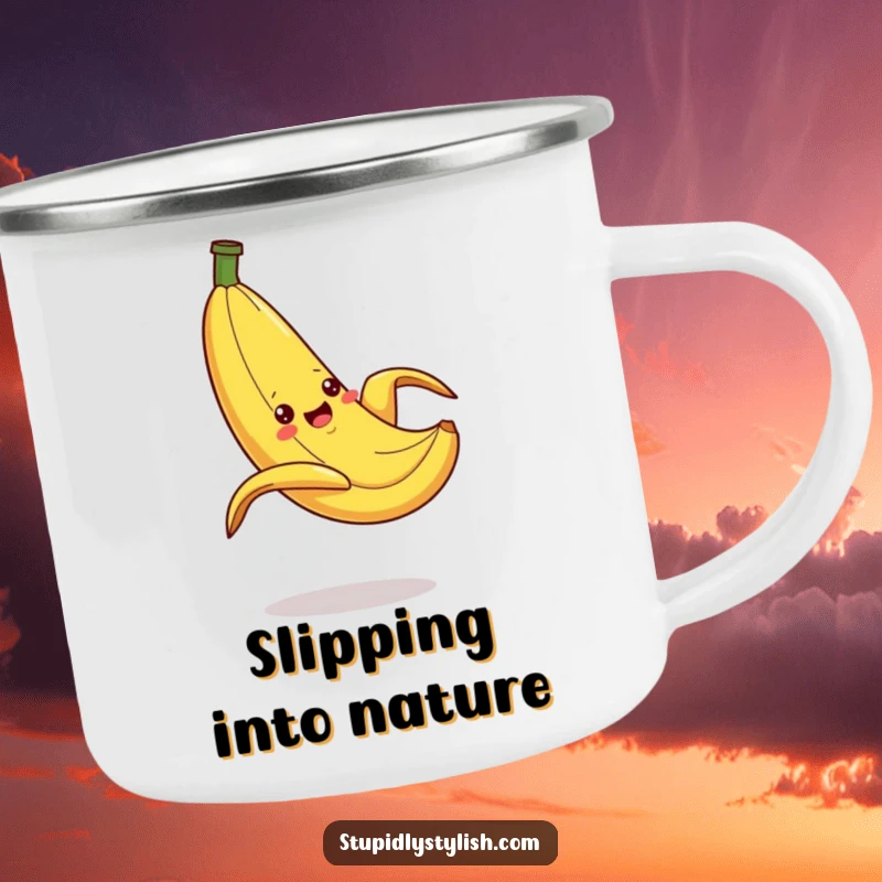 Funny Camping Mug featuring a silly banana dramatically slipping on a peel, ideal for outdoor enthusiasts who appreciate rugged humor.