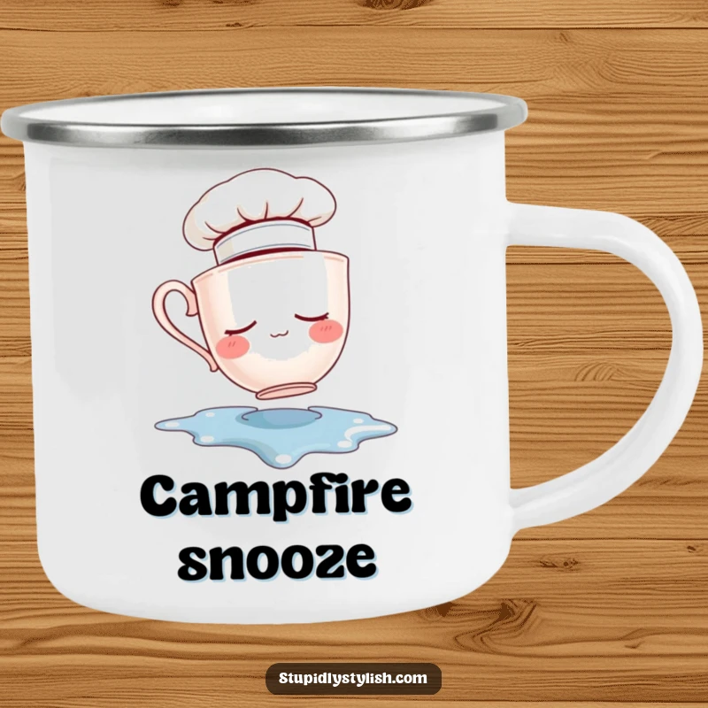 Funny camping mug showing a sleepy teacup chef falling into a puddle. Great for outdoor cooks.
