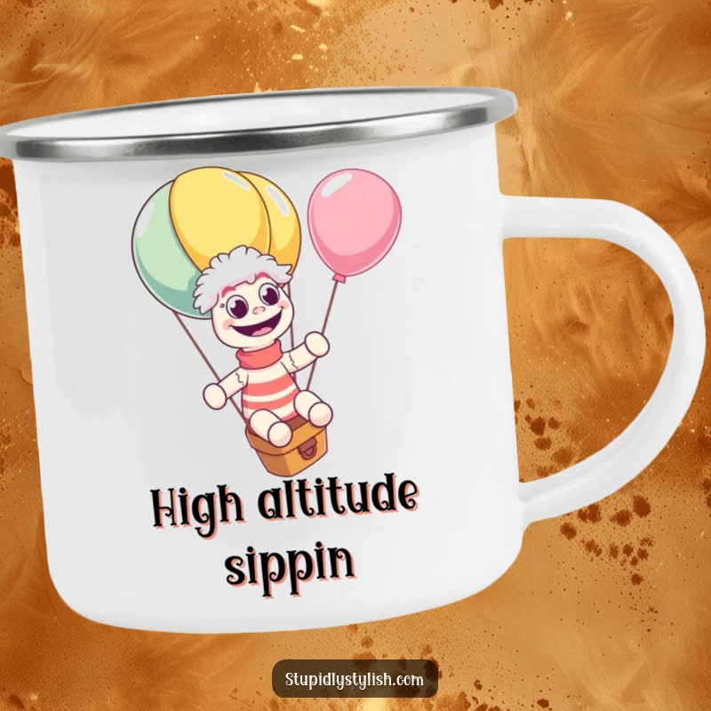 Funny camping mug with a sock puppet riding a giant balloon, eyes wide. Ideal for outdoor enthusiasts who appreciate humor.