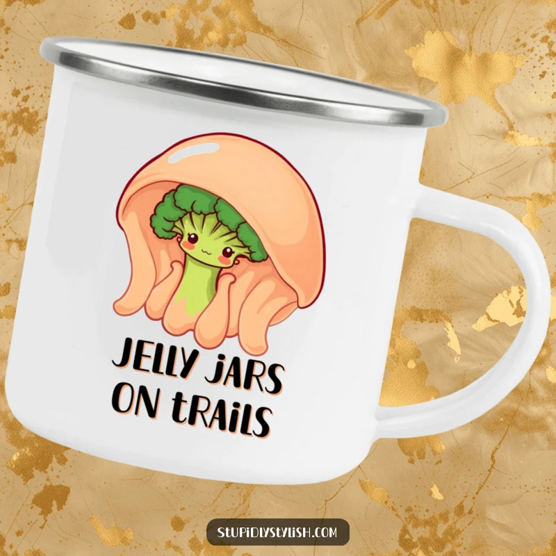 Funny camping mug with a shy broccoli floret peeking from behind a giant, wobbly jelly, perfect for outdoors.