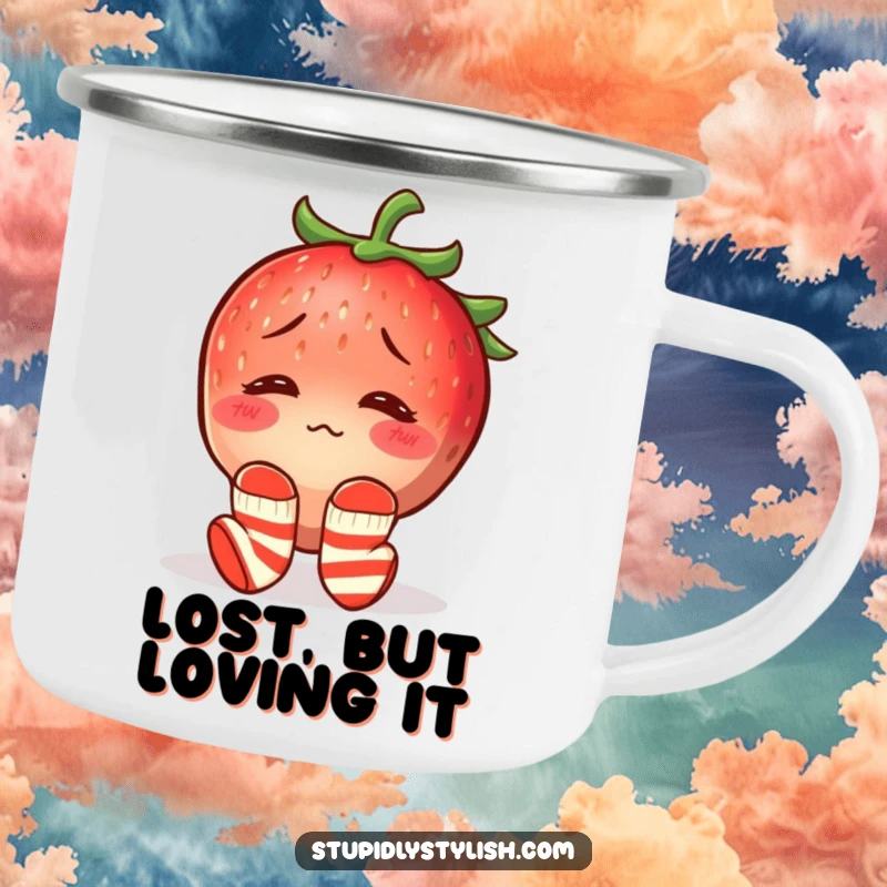 Funny camping mug featuring a confused, blushing strawberry wearing mismatched socks, perfect for outdoor brews and humorous moments.