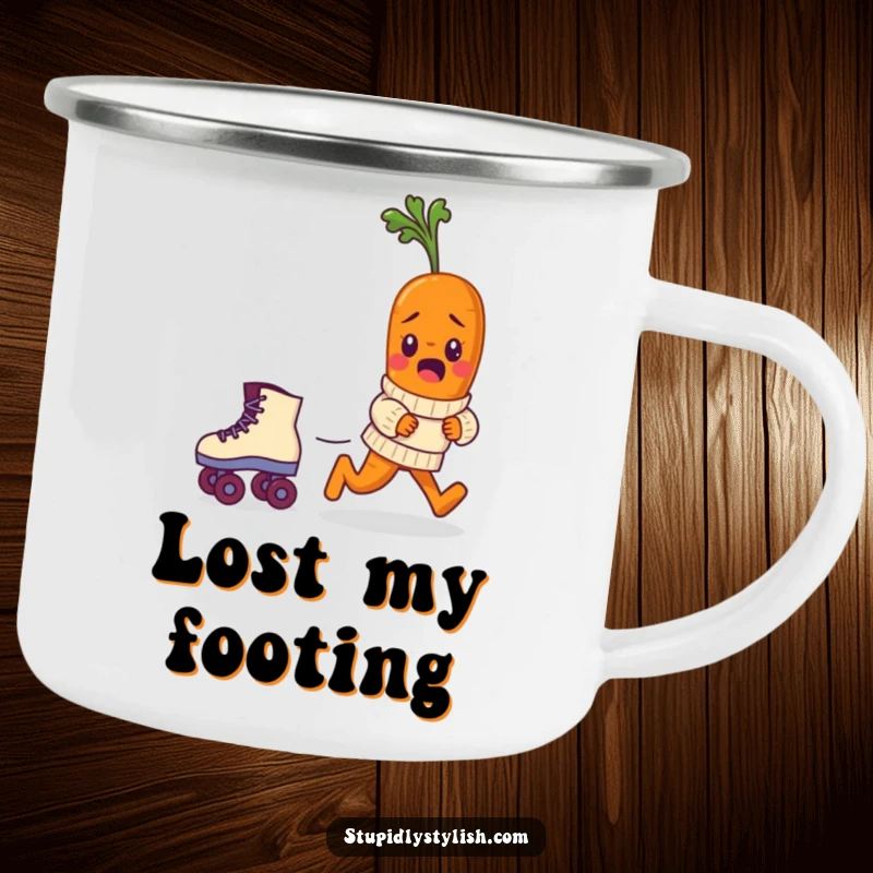 Funny camping mug showing a bewildered baby carrot in a sweater chasing a runaway roller skate, designed for outdoor humor.