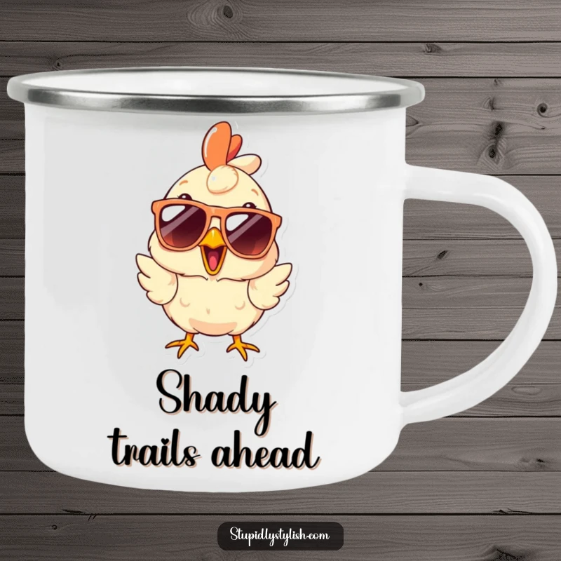 Funny Camping Mug featuring a surprised chicken wearing oversized sunglasses, perfect for outdoor enthusiasts who appreciate rugged style and humor.