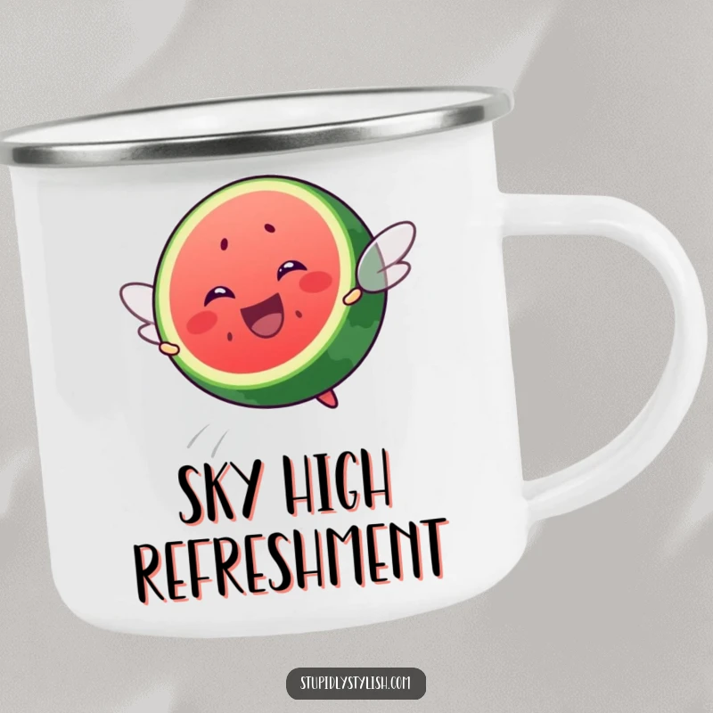 Funny camping mug depicting a determined watermelon slice soaring through the sky, ready for any adventure, big or small.