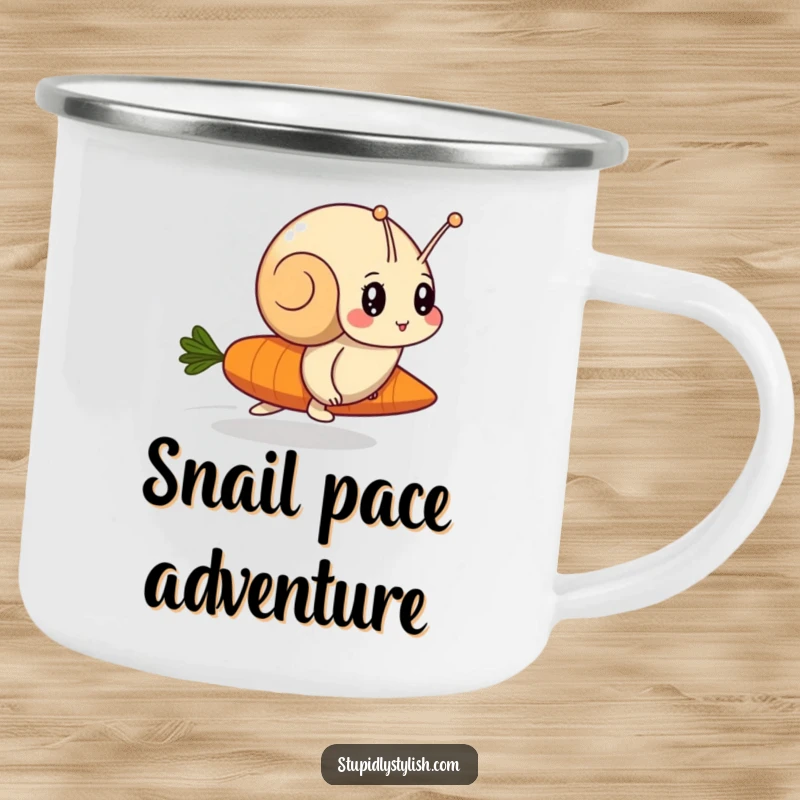 Funny camping mug featuring a determined snail racing a carrot, perfect for outdoor enthusiasts who appreciate humor.