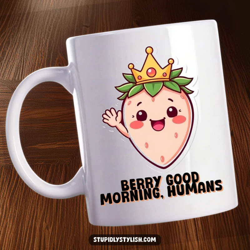 Funny mug featuring a smiling strawberry character wearing a small golden crown and enthusiastically waving, exuding pure joy.