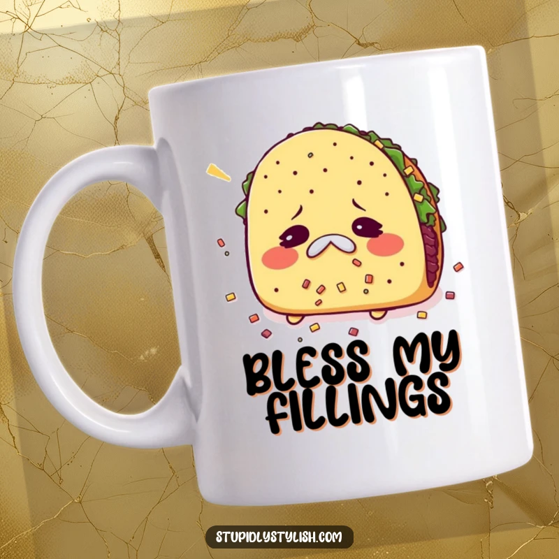 Funny mug depicting a taco sneezing violently, with its fillings scattered messily, capturing a comical moment.