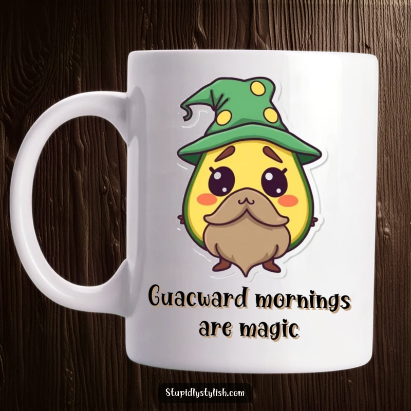 Funny Avocado Wizard Mug featuring a startled avocado wearing a tiny wizard hat and beard, looking magically surprised.