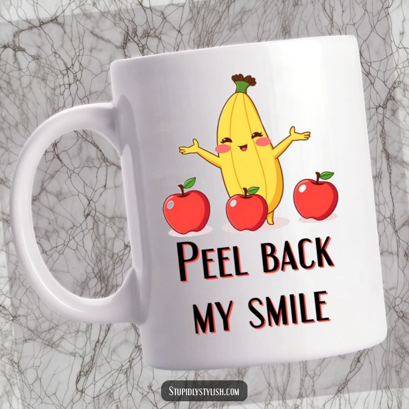 Funny mug featuring a blushing anthropomorphic banana struggling comically to juggle three red apples, looking embarrassed.