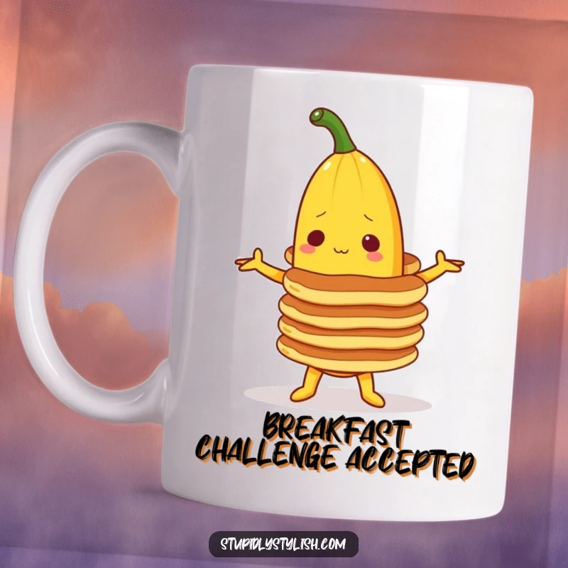 Funny mug featuring a determined banana character struggling to balance a tall stack of pancakes, conveying breakfast ambition.