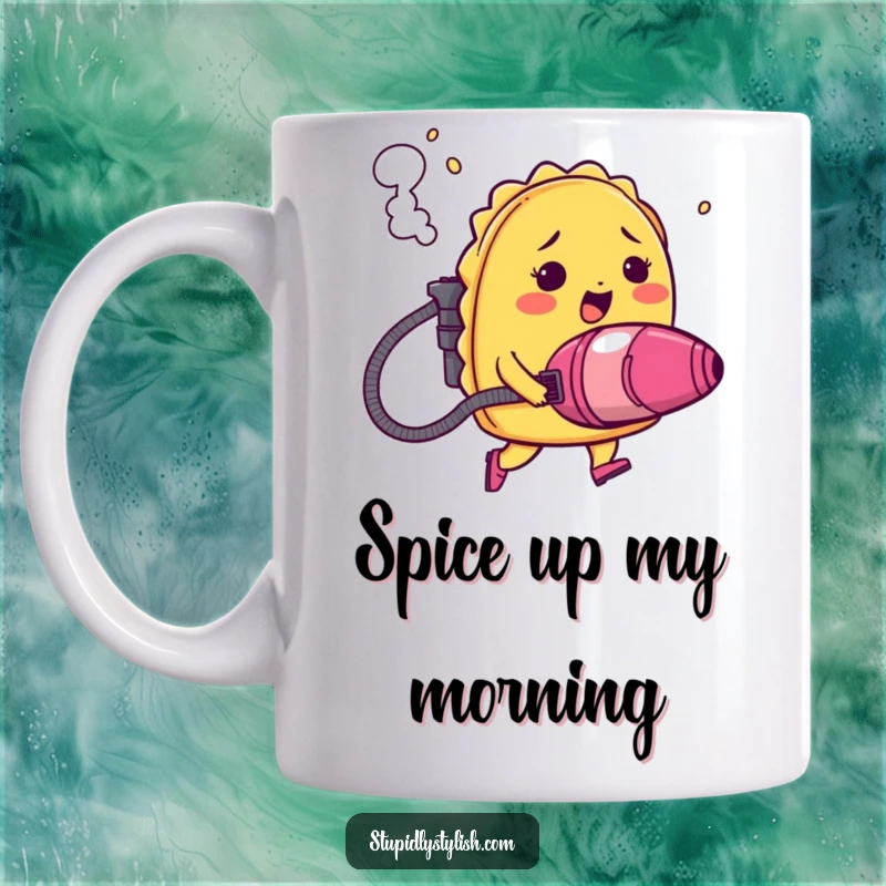 Funny taco mug showing a blushing Mexican food character using a vacuum cleaner as a jetpack, billowing smoke, hilariously trying to fly.