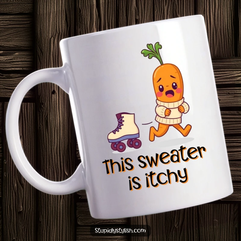 Funny mug featuring a bewildered baby carrot in a sweater comically chasing a runaway roller skate, a whimsical and humorous design.