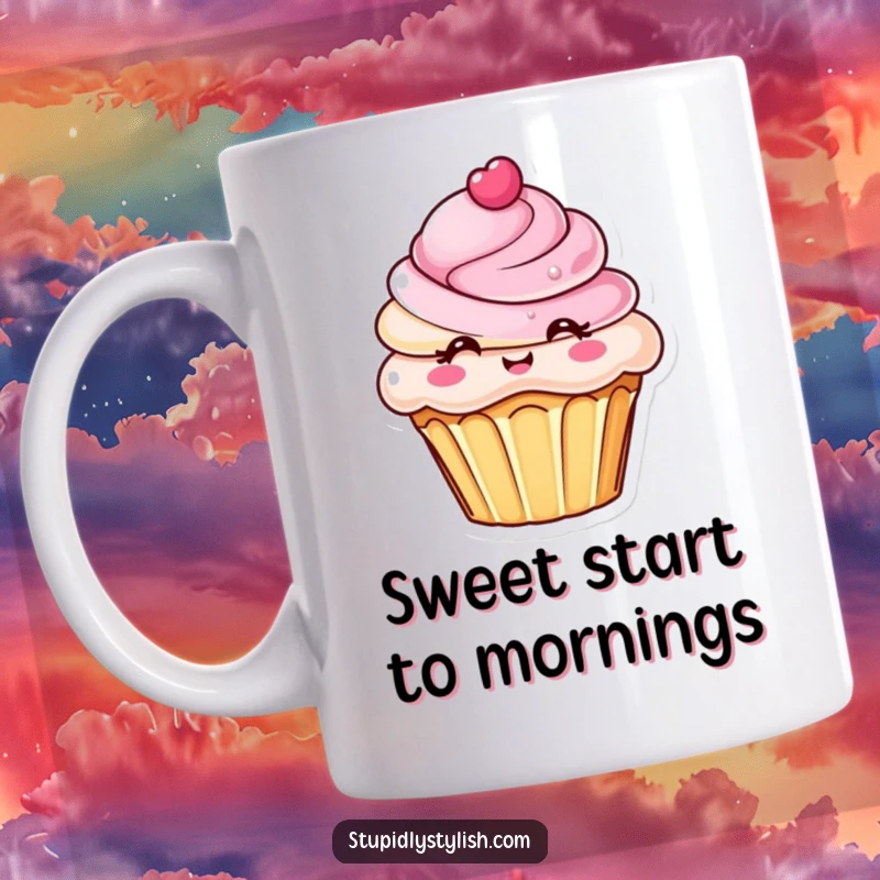 Funny mug depicting a chic cupcake character with an extremely elaborate and artistic frosting design, exuding sweetness and charm.