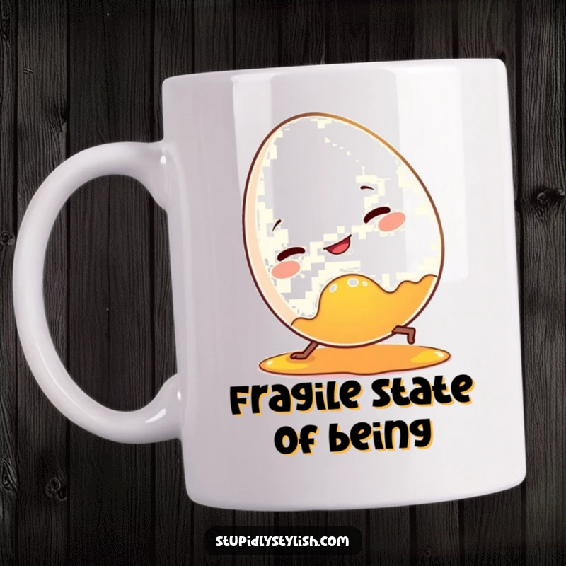 Funny egg character shown tripping over its own bright yellow yolk, looking comically clumsy. A breakfast blunder.