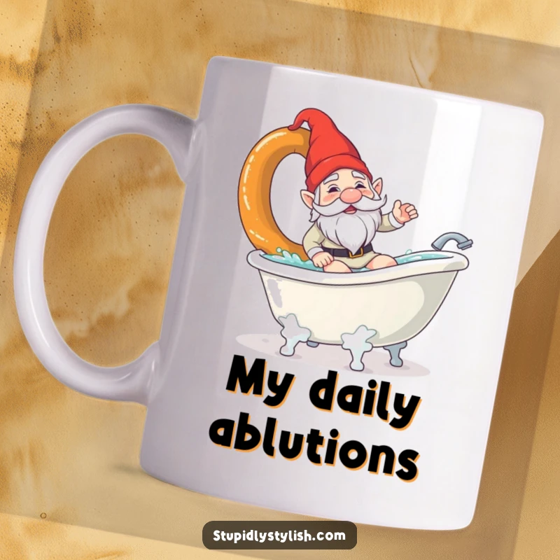 Funny gnome mug with a confused expression, attempting to surf a giant pretzel in a bathtub. Captures surreal, humorous water fun.