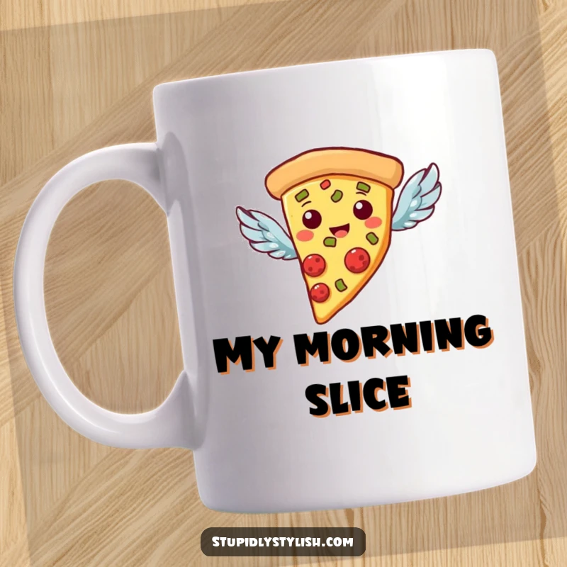 Funny Mug: A slice of pizza with tiny wings, flying through the air, perfect for pizza lovers.