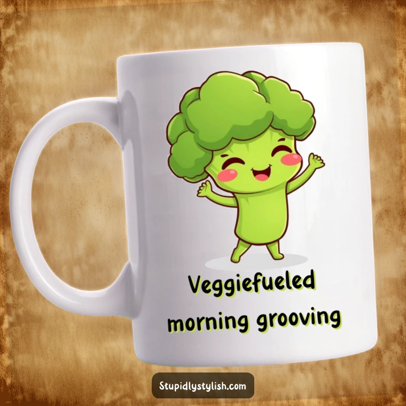 Funny mug featuring a giggling broccoli character joyfully doing a silly, animated dance move, radiating pure fun.