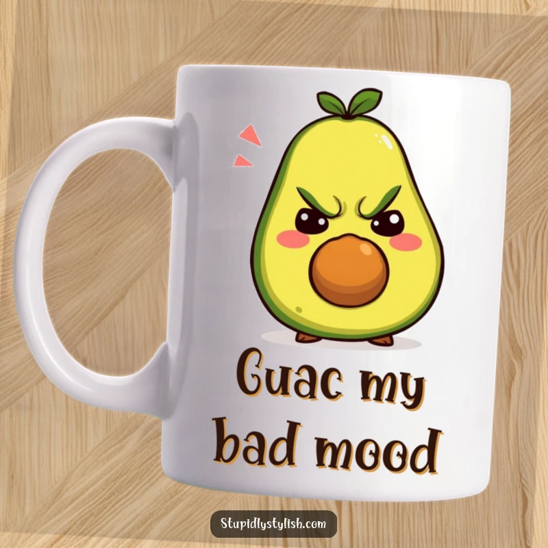 Funny mug: A grumpy avocado character comically making silly, exaggerated faces, ready to spill the tea (or coffee).