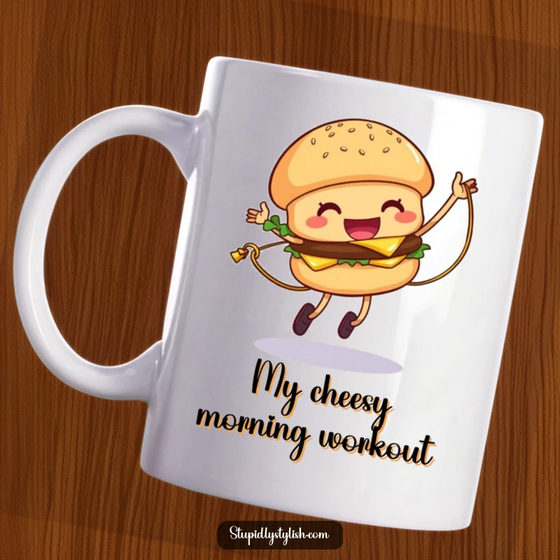 Funny Hamburger Mug showing a giggling hamburger character jumping rope with a cheese strand, celebrating active food fun.