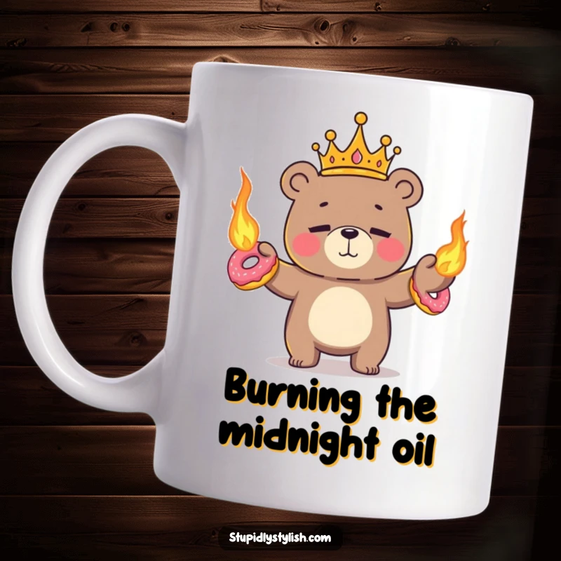 Funny, cute tiny bear wearing a crown, nervously juggling flaming donuts with a wide, anxious smile.