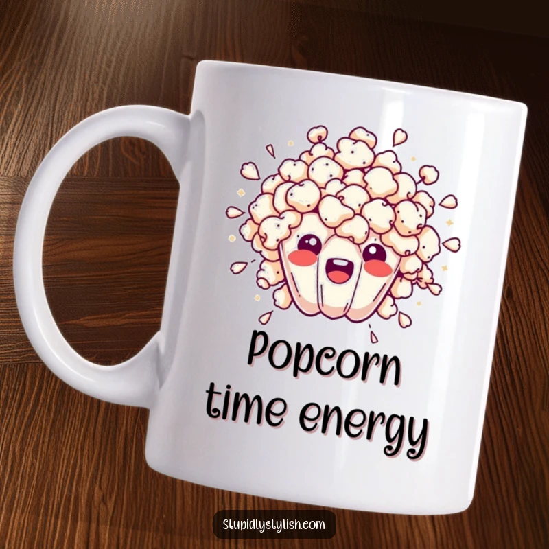 Funny mug showing an overwhelmed popcorn kernel exploding outwards with seeds flying, representing stress and chaos.