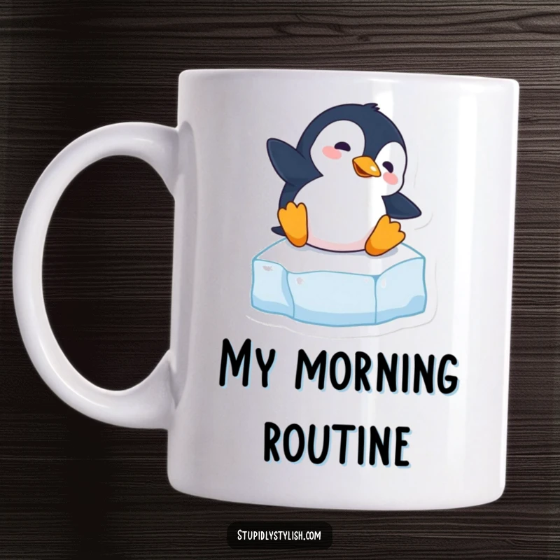 Funny mug featuring a cute, clumsy penguin hilariously slipping on a slippery ice cube, perfect for a laugh.