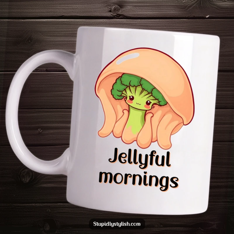 Funny mug with a shy broccoli floret peeking from behind a giant, wobbly jelly, showing playful contrast.