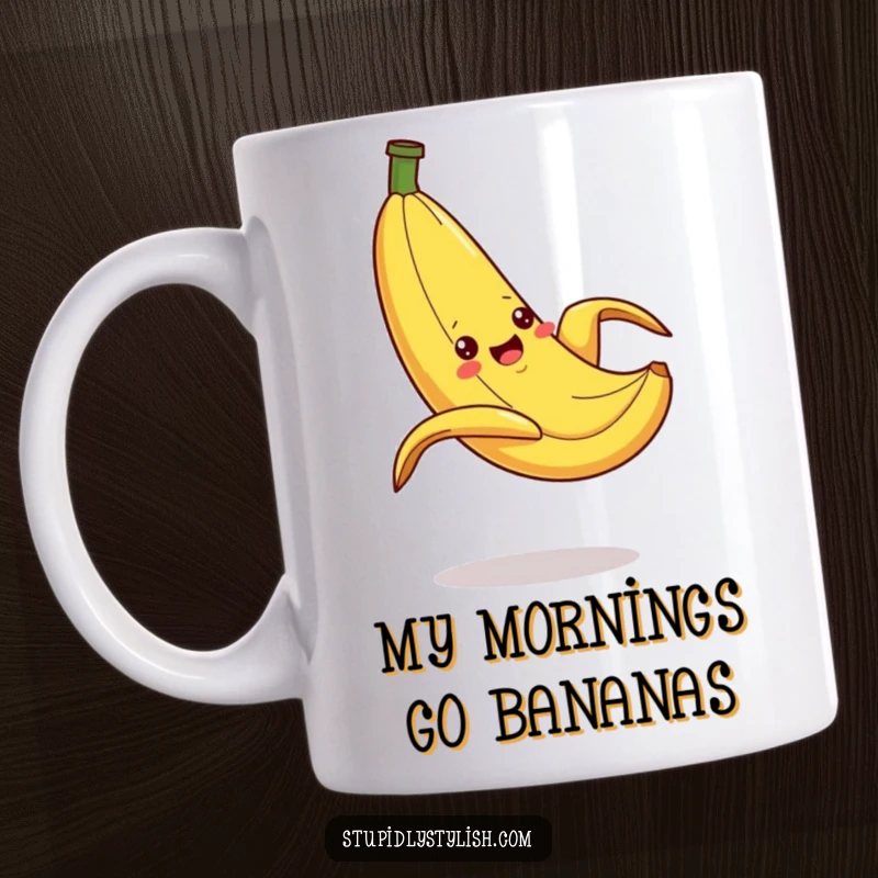 Funny Mug featuring a silly banana dramatically slipping on its own peel, capturing a moment of hilarious, exaggerated cartoon chaos.