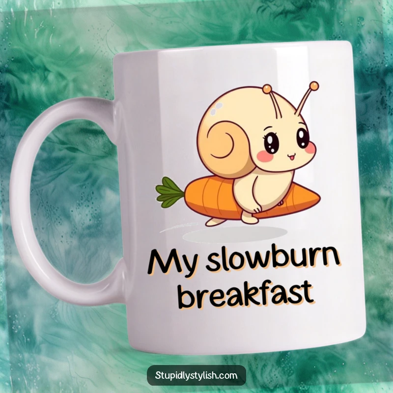 Funny mug showing a determined snail in a high-speed chase against a surprisingly speedy carrot, depicting humorous perseverance.