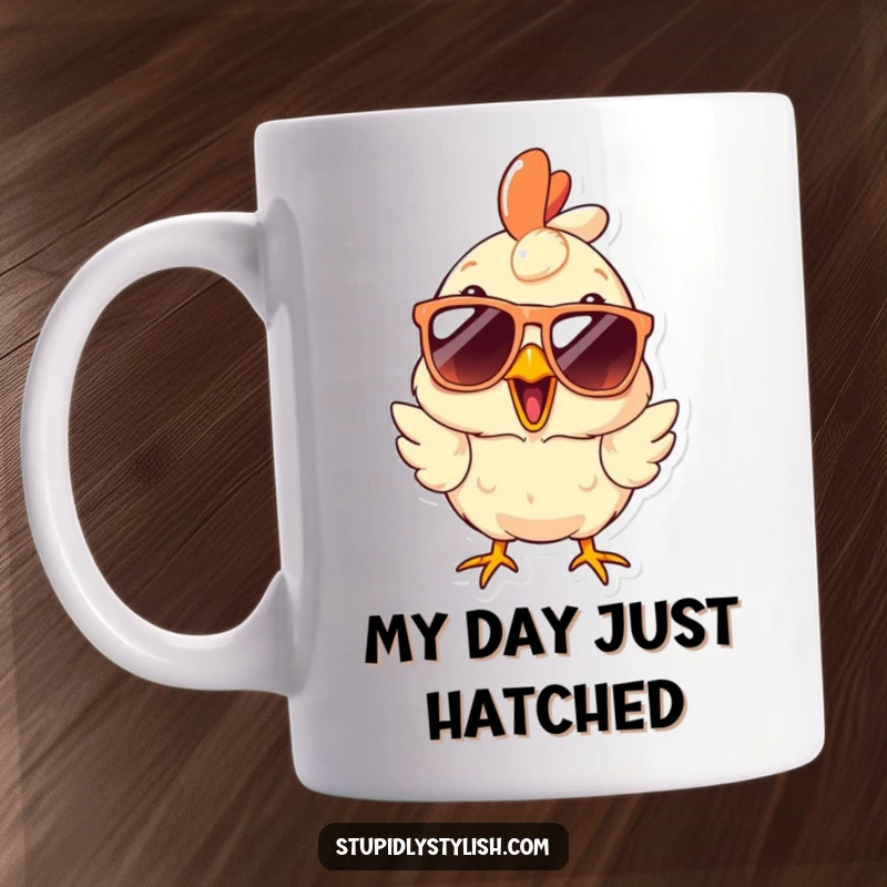 Funny Mug showcasing a chicken's wide-eyed surprise behind oversized sunglasses, embodying a cool yet shocked reaction to morning brews.
