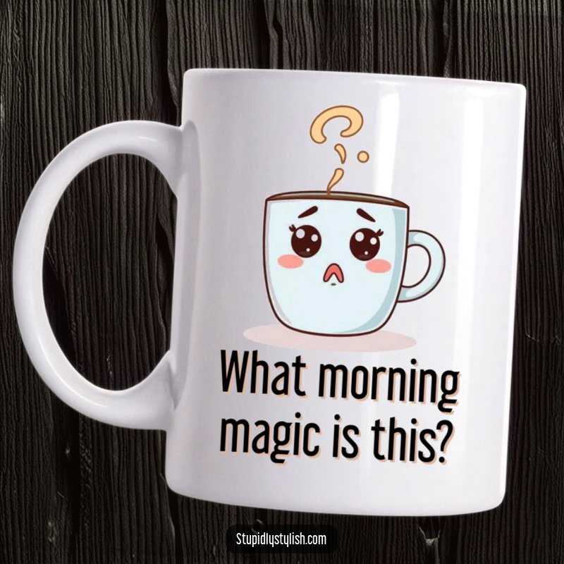 Funny coffee mug character looking surprised, with steam rising to form a prominent question mark. Morning mystery.