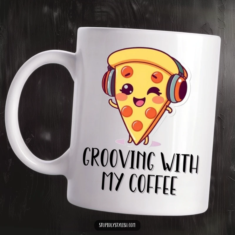 Funny mug featuring a giggling pizza slice character wearing headphones, embodying a fun-loving and musical personality.