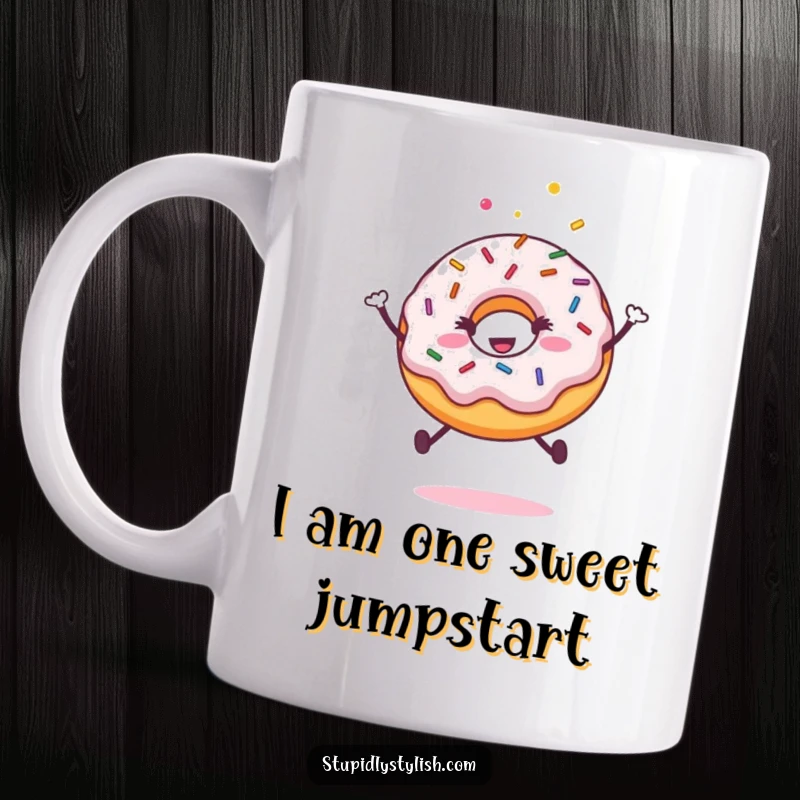 Funny mug featuring a jubilant, sprinkle-covered donut mid-air, expressing pure, sugary delight and boundless energy.