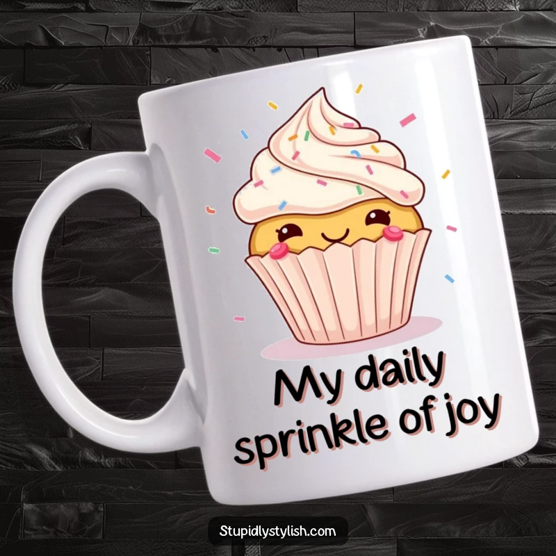 Funny mug with a cheerful cupcake and colorful sprinkles joyfully flying around it, expressing pure delight and sweetness.