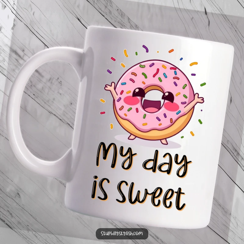 Funny Mug showing an excited donut energetically juggling colorful sprinkles, embodying joy and a love for sweet treats in a playful design.