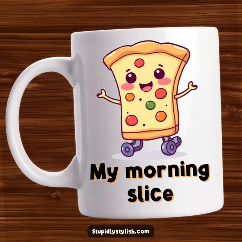 Funny smiling slice of pizza wearing tiny roller skates, a delightful and humorous mug for foodies.