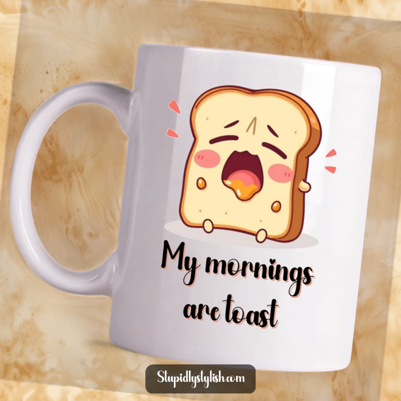 Funny Mug depicting a tired toast character yawning widely with jam smeared on its face, capturing the essence of morning exhaustion comically.