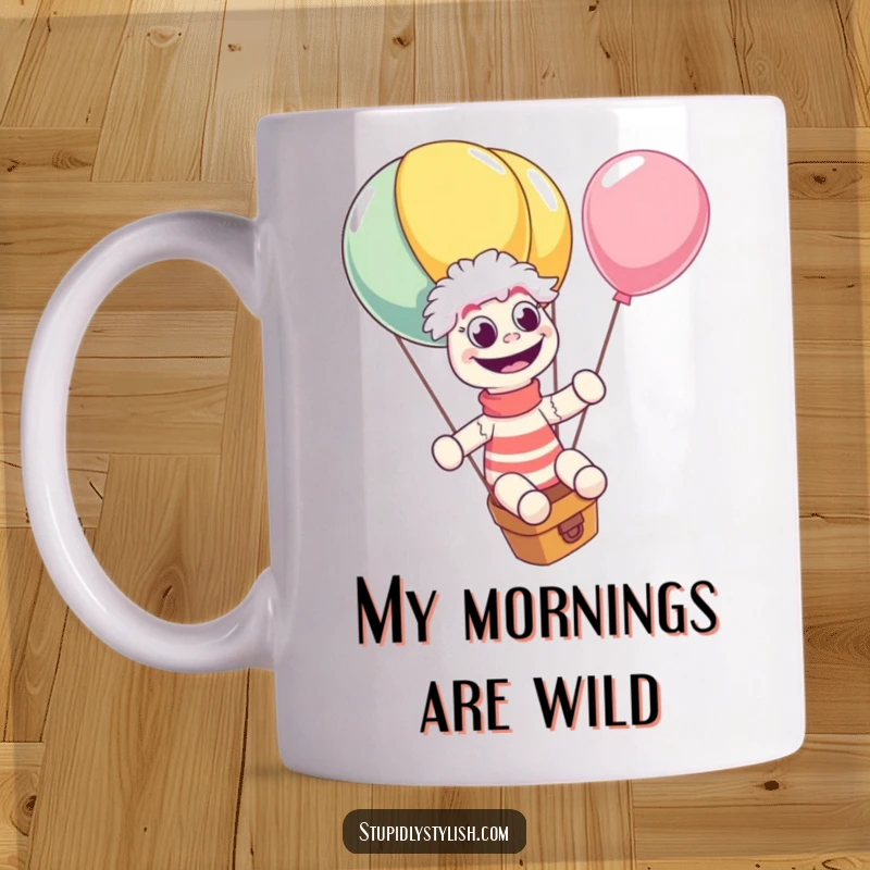 Funny sock puppet mug with wide eyes, gleefully riding a giant, escaping balloon. Captures a moment of pure, unadulterated, hilarious joy and adventure.